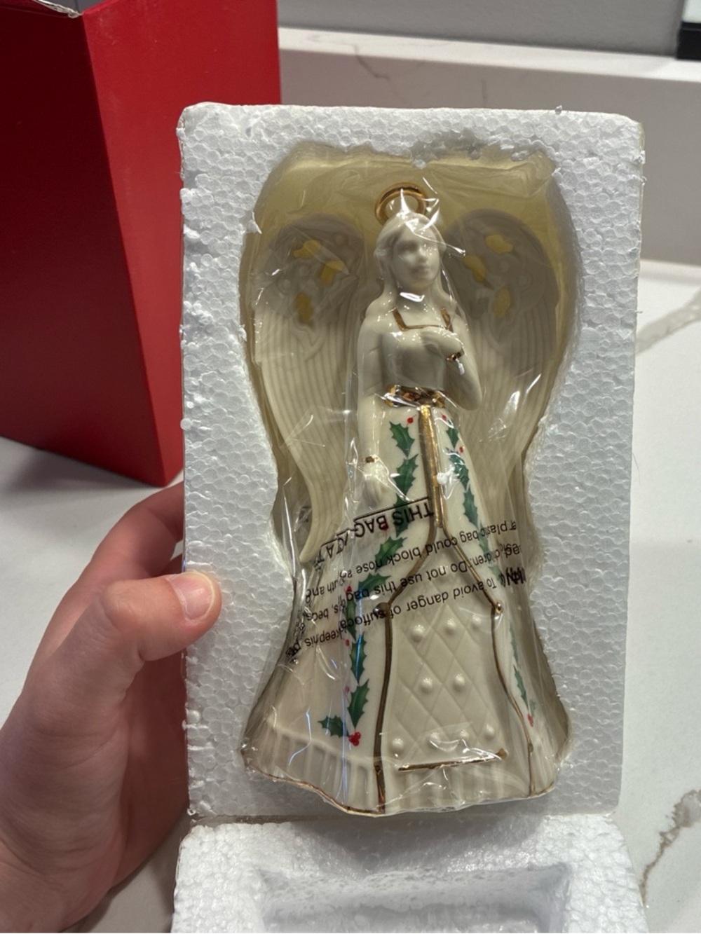 Lenox White, Gold and Green Holly Angel Ornament - Picture 2 of 2